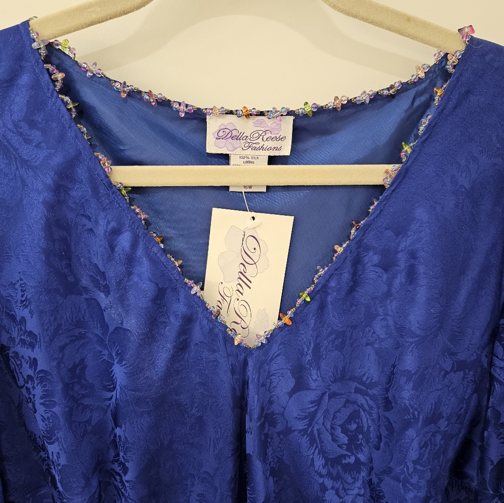 NWT - Silk "Della Reese" Combo Maxi to Knee Length Navy Blue Dress - Size 16W - Picture 6 of 12